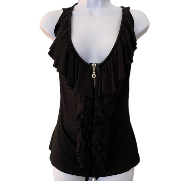 Kay Celine Sleeveless Black Top with Zipper and Ruffles. Size S - Picture 1 of 6